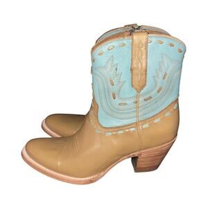 Lucchese Women's Tan and Turquoise Cowboy Western Bootie (Ash Boot) SZ 8.5 NWOB